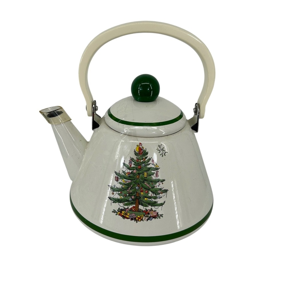 Spode Christmas Tree Enamel Tea Kettle Stovetop Cream Green Trim